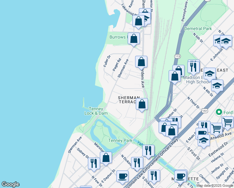 map of restaurants, bars, coffee shops, grocery stores, and more near 24 Sherman Terrace in Madison
