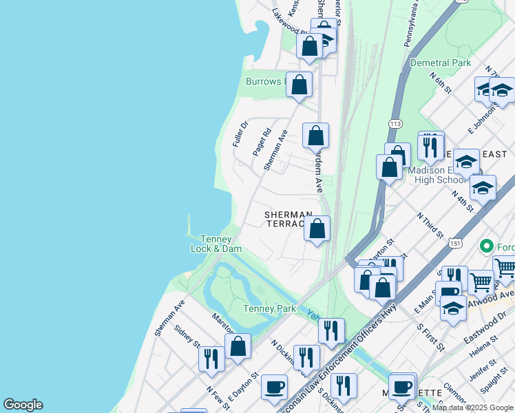 map of restaurants, bars, coffee shops, grocery stores, and more near 1650 Sherman Avenue in Madison