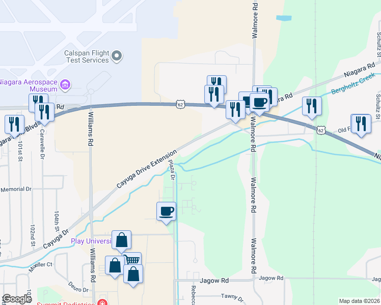 map of restaurants, bars, coffee shops, grocery stores, and more near 2162 Cayuga Drive Extension in Niagara Falls