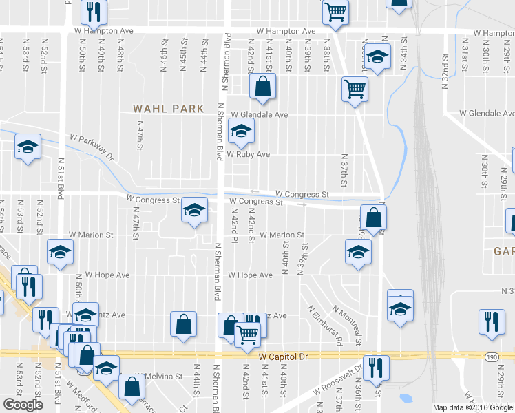 map of restaurants, bars, coffee shops, grocery stores, and more near 4359 North 41st Street in Milwaukee