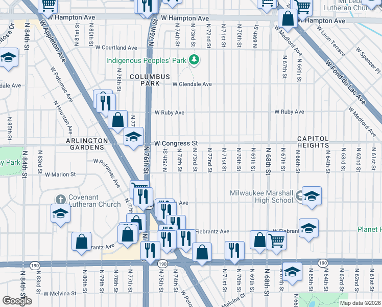 map of restaurants, bars, coffee shops, grocery stores, and more near 4345 North 73rd Street in Milwaukee