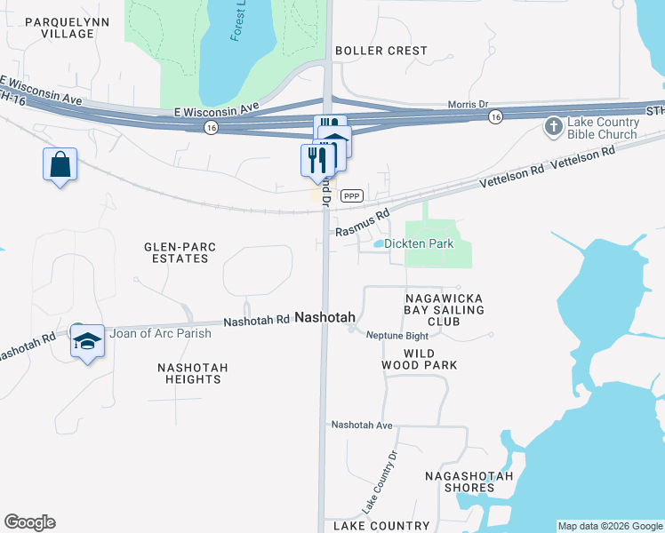 map of restaurants, bars, coffee shops, grocery stores, and more near W329N4302 Lakeland Drive in Nashotah