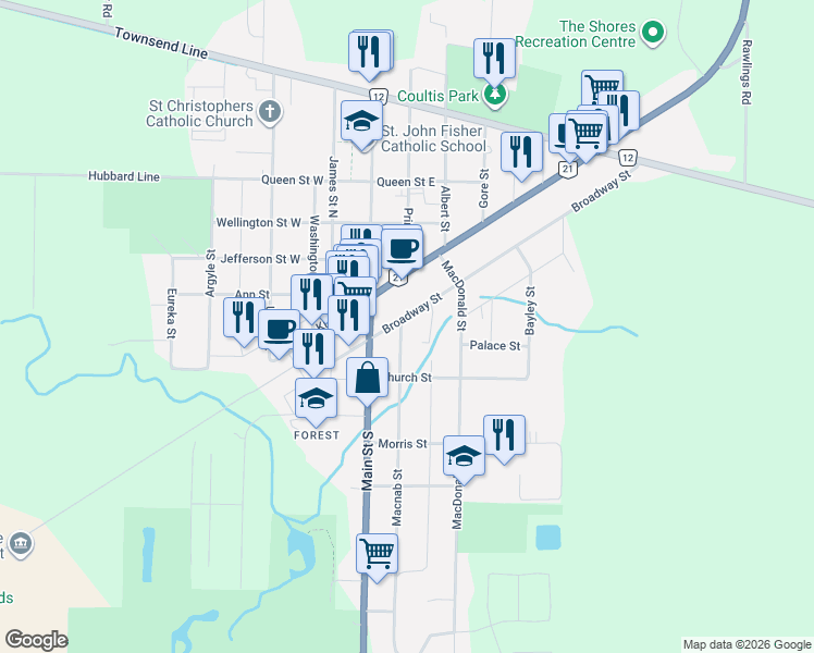 map of restaurants, bars, coffee shops, grocery stores, and more near 7 Macnab Street in Lambton Shores