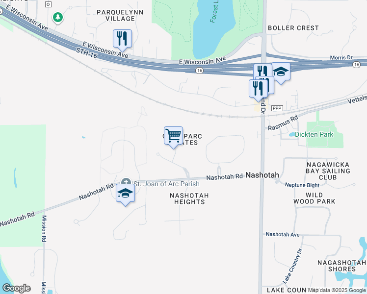 map of restaurants, bars, coffee shops, grocery stores, and more near W333N4324 Parc Way in Nashotah