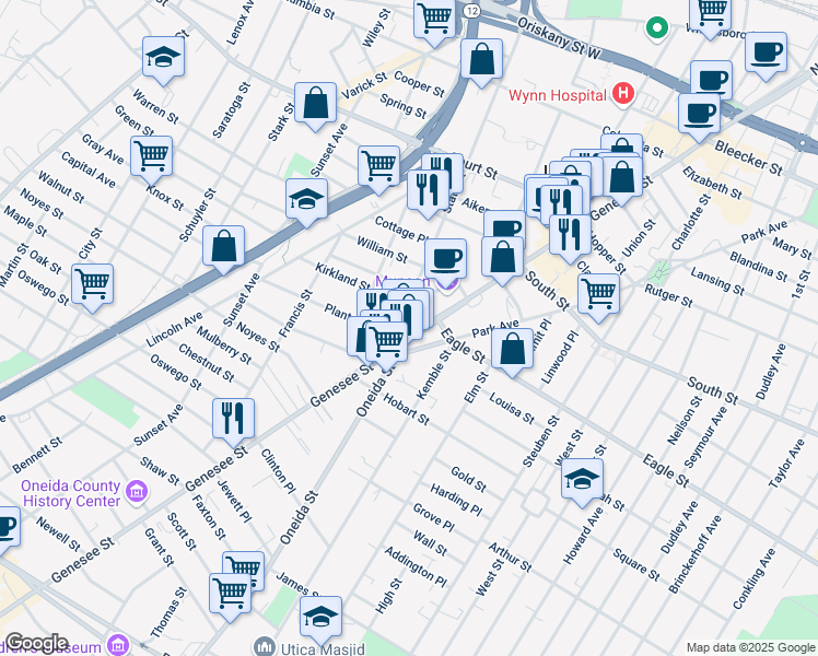 map of restaurants, bars, coffee shops, grocery stores, and more near 326 Genesee Street in Utica