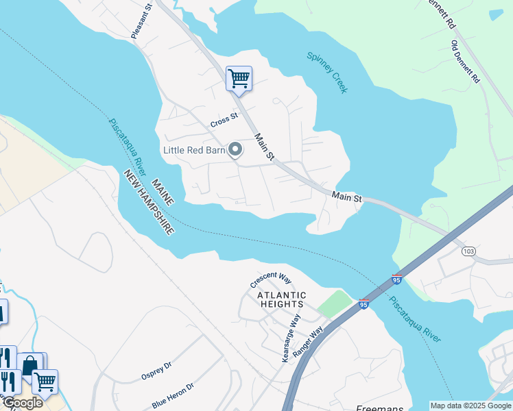 map of restaurants, bars, coffee shops, grocery stores, and more near 24 Maple Ave in Eliot