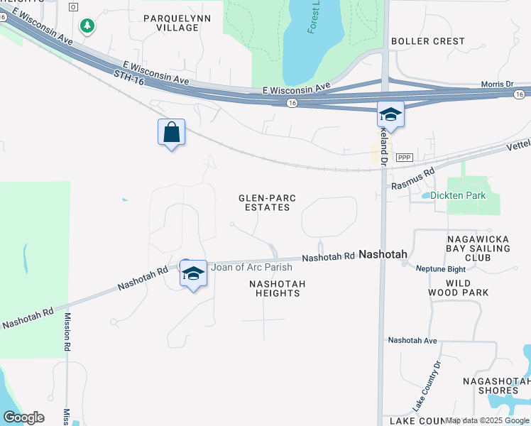 map of restaurants, bars, coffee shops, grocery stores, and more near W333N4324 Parc Way in Nashotah