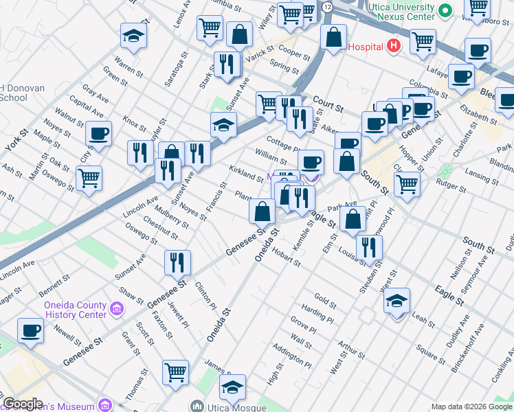 map of restaurants, bars, coffee shops, grocery stores, and more near 521 Plant Street in Utica