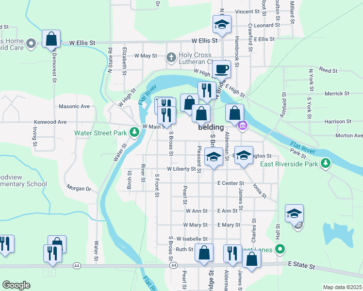 map of restaurants, bars, coffee shops, grocery stores, and more near 223 Pearl Street in Belding