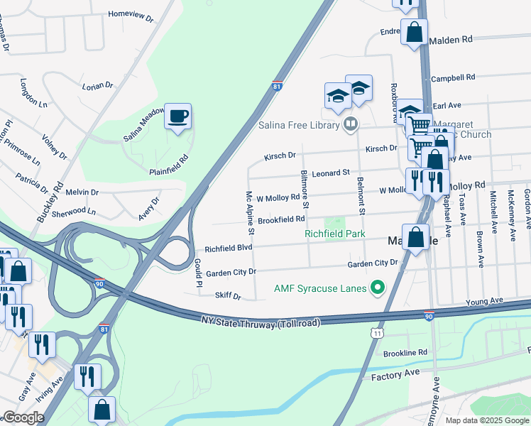 map of restaurants, bars, coffee shops, grocery stores, and more near 324 Brookfield Road in Syracuse