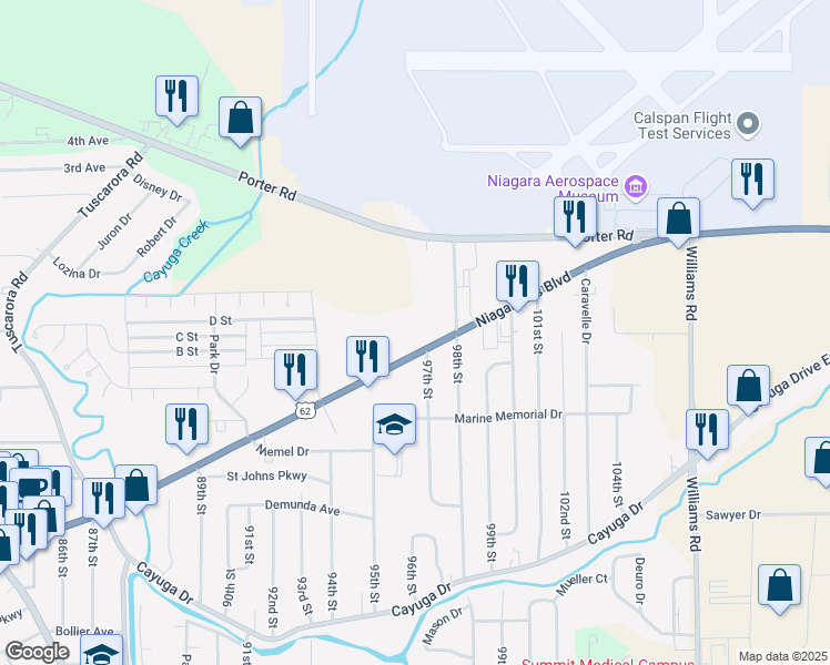 map of restaurants, bars, coffee shops, grocery stores, and more near 9626 Niagara Falls Boulevard in Niagara Falls
