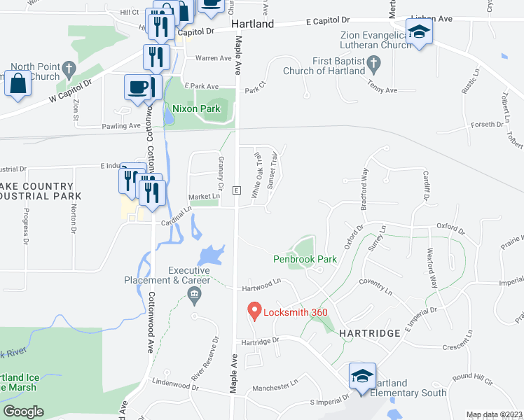 map of restaurants, bars, coffee shops, grocery stores, and more near 309 Parkview Court in Hartland