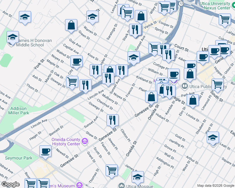 map of restaurants, bars, coffee shops, grocery stores, and more near 720 Noyes Street in Utica
