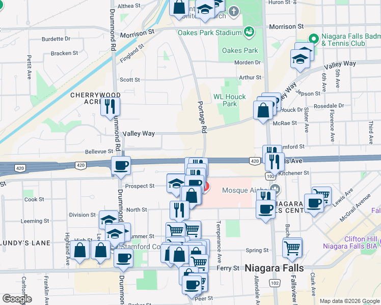 map of restaurants, bars, coffee shops, grocery stores, and more near 5880 Biamonte Crescent in Niagara Falls
