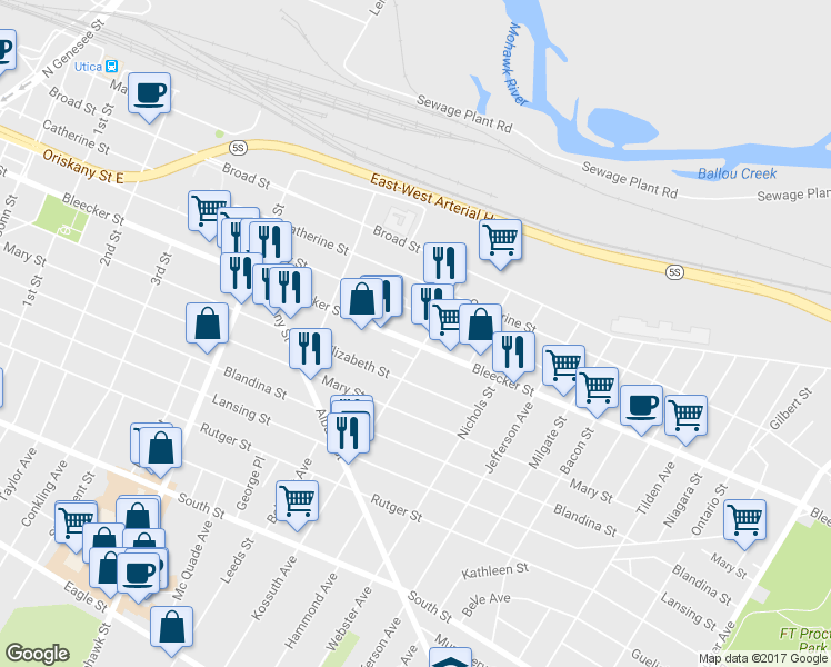 map of restaurants, bars, coffee shops, grocery stores, and more near 885 Bleecker Street in Utica