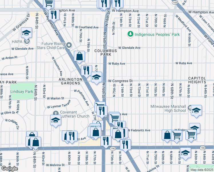 map of restaurants, bars, coffee shops, grocery stores, and more near 4346 North 76th Street in Milwaukee