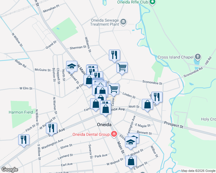 map of restaurants, bars, coffee shops, grocery stores, and more near 145 Madison Street in Oneida