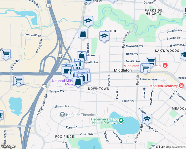map of restaurants, bars, coffee shops, grocery stores, and more near 7421 University Avenue in Middleton