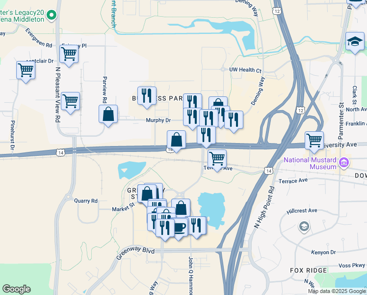 map of restaurants, bars, coffee shops, grocery stores, and more near 8127 University Avenue in Middleton