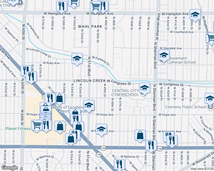 map of restaurants, bars, coffee shops, grocery stores, and more near 4359 North 48th Street in Milwaukee