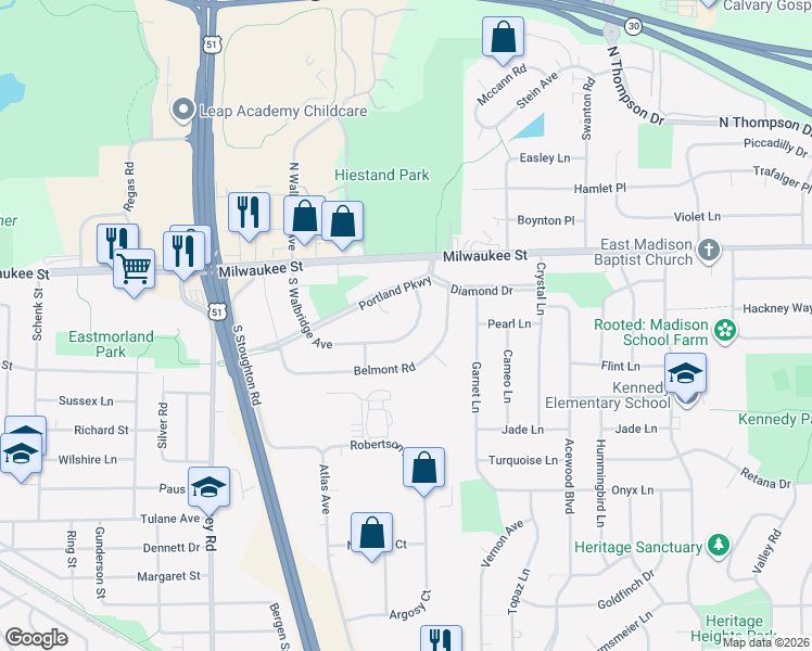 map of restaurants, bars, coffee shops, grocery stores, and more near 229 South Walbridge Avenue in Madison