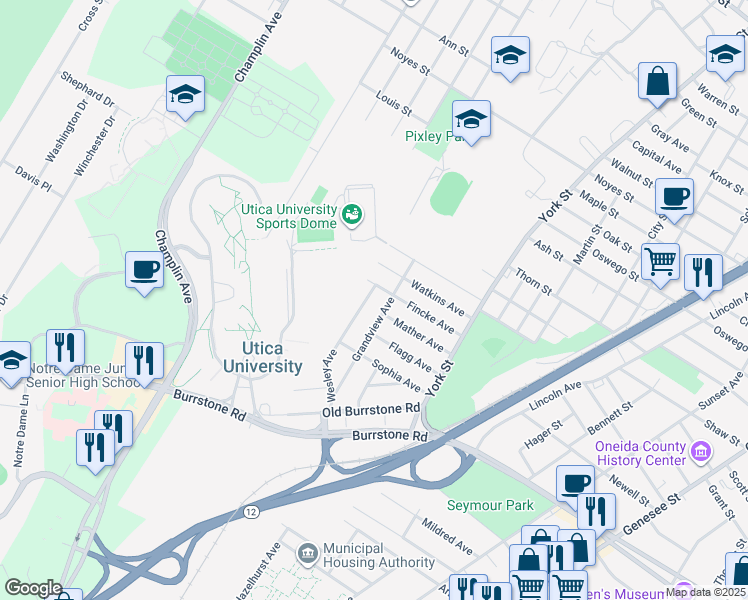 map of restaurants, bars, coffee shops, grocery stores, and more near 1628 Wesley Avenue in Utica
