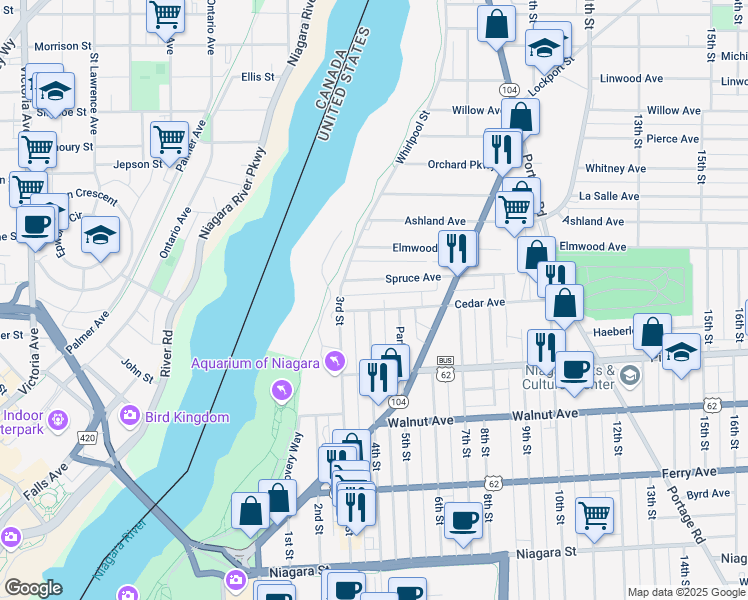 map of restaurants, bars, coffee shops, grocery stores, and more near 424 Cedar Avenue in Niagara Falls