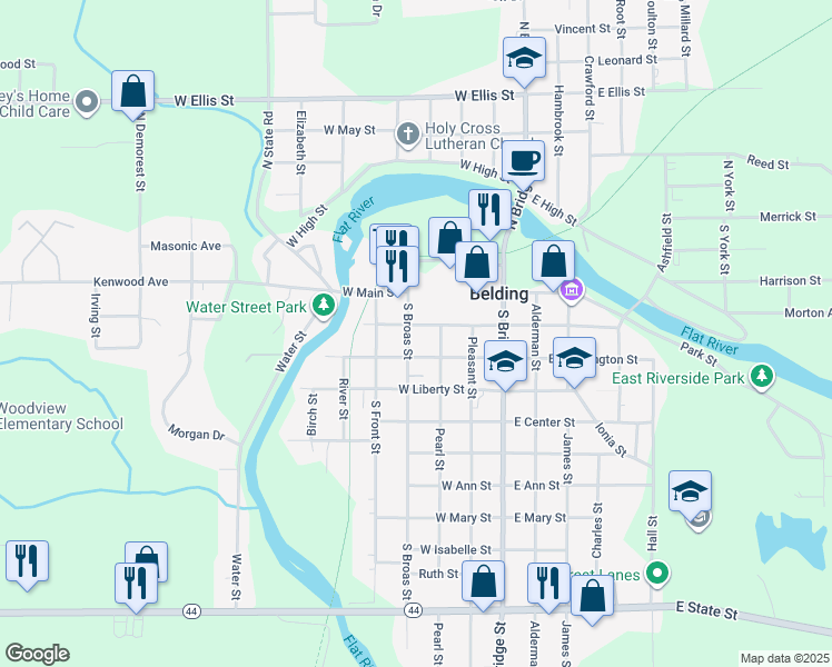 map of restaurants, bars, coffee shops, grocery stores, and more near 223 Pearl Street in Belding
