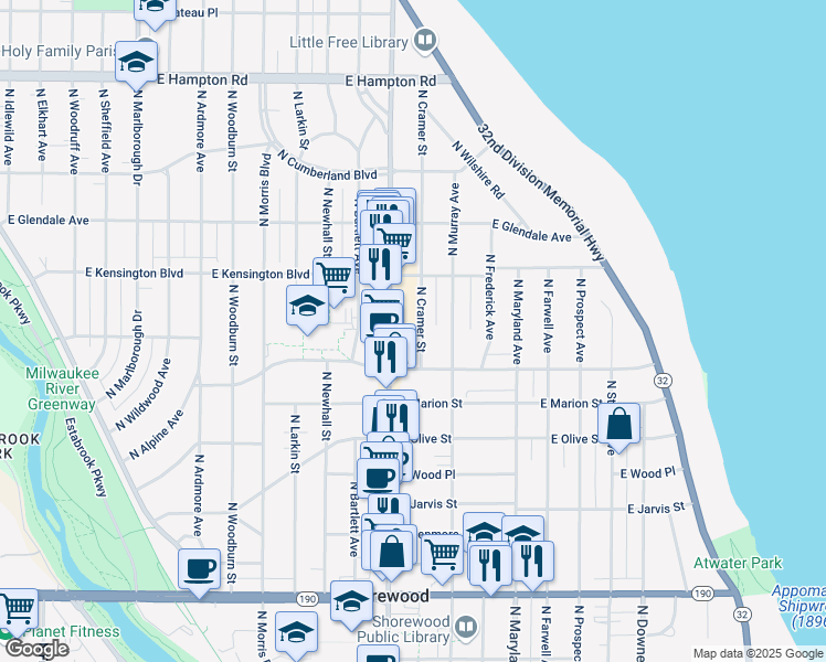 map of restaurants, bars, coffee shops, grocery stores, and more near 4425 North Cramer Street in Shorewood