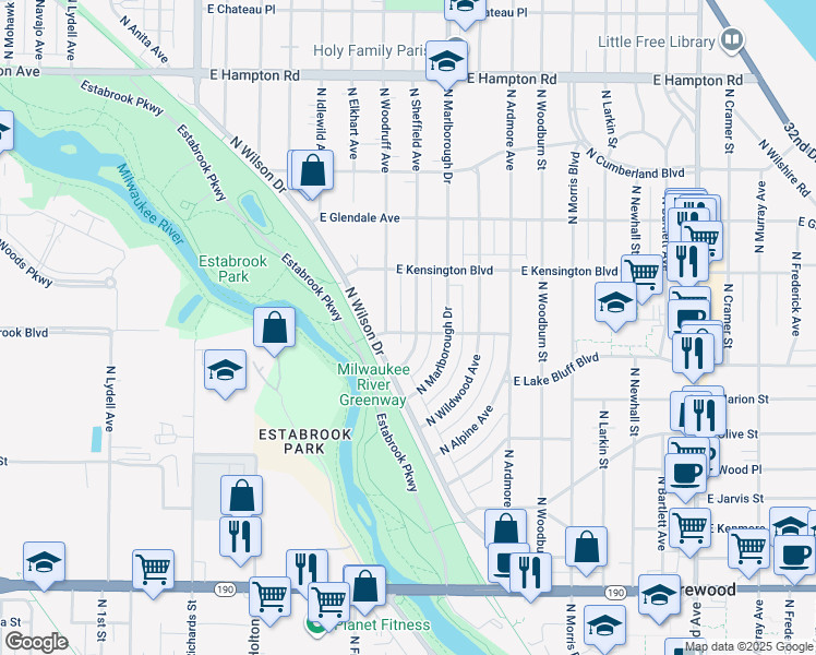 map of restaurants, bars, coffee shops, grocery stores, and more near 4340 North Sheffield Avenue in Shorewood