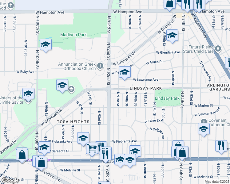 map of restaurants, bars, coffee shops, grocery stores, and more near in Wauwatosa