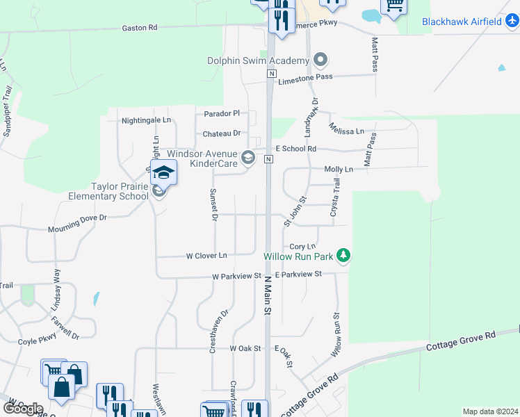 map of restaurants, bars, coffee shops, grocery stores, and more near 901 North Clover Lane in Cottage Grove
