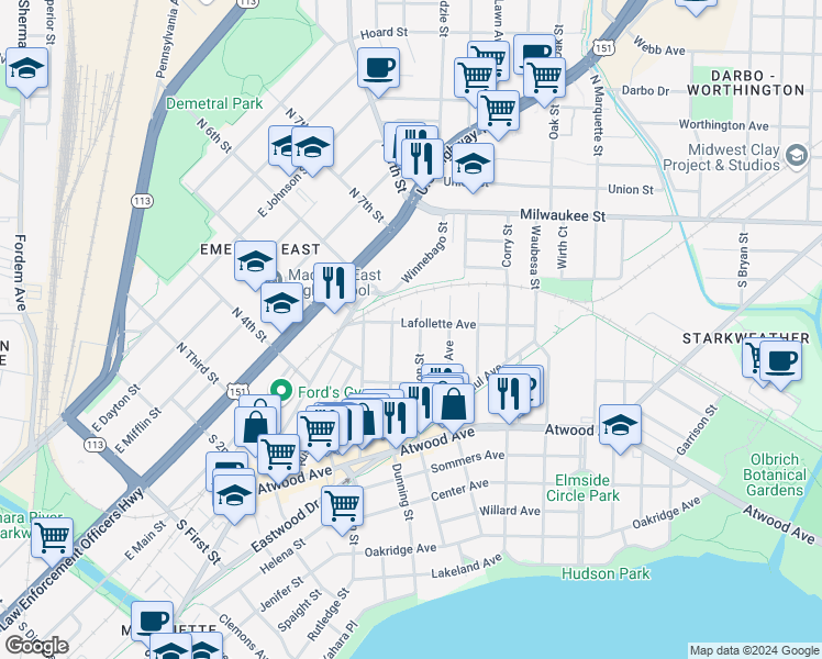 map of restaurants, bars, coffee shops, grocery stores, and more near 142 Jackson Street in Madison