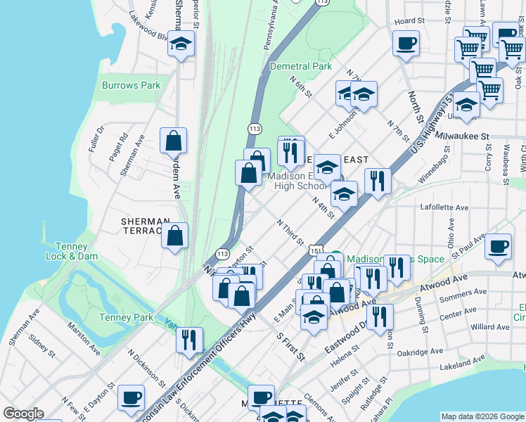 map of restaurants, bars, coffee shops, grocery stores, and more near 2040 East Johnson Street in Madison