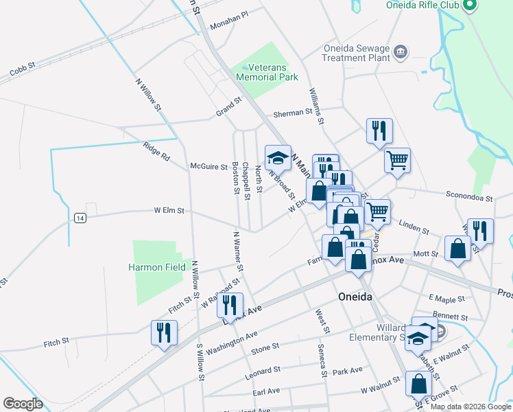 map of restaurants, bars, coffee shops, grocery stores, and more near 210 North Street in Oneida