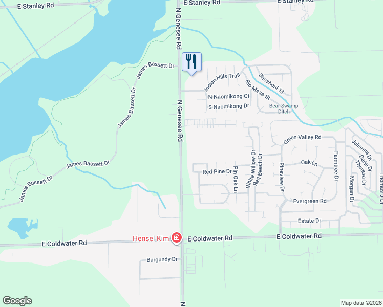 map of restaurants, bars, coffee shops, grocery stores, and more near 6186 North Genesee Road in Flint