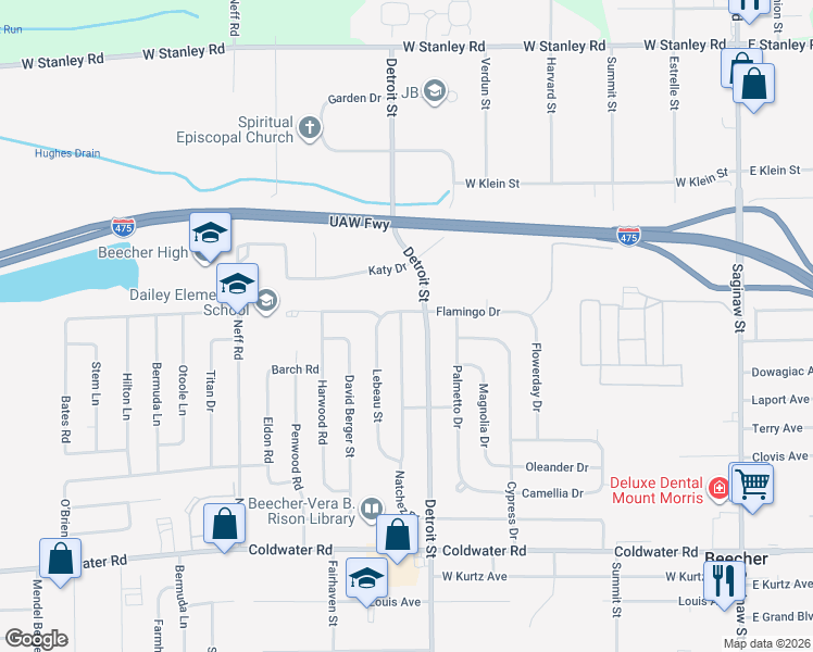 map of restaurants, bars, coffee shops, grocery stores, and more near 6230 Natchez Drive in Mount Morris