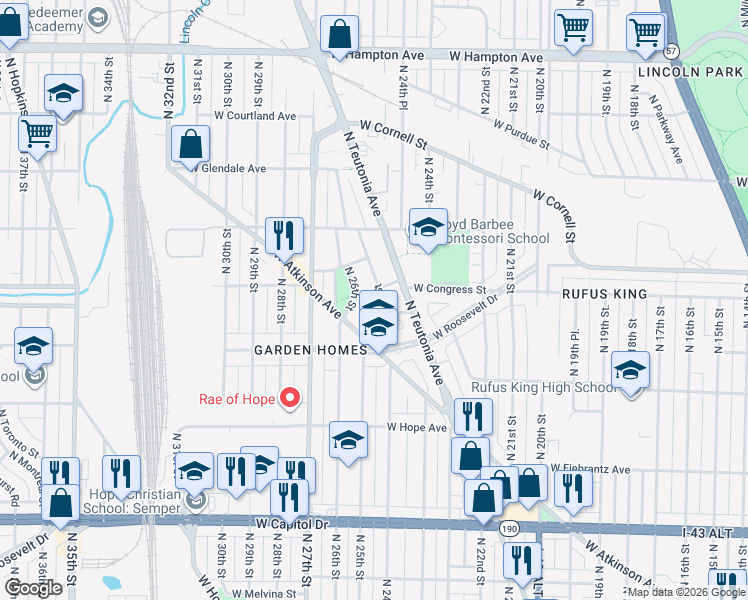 map of restaurants, bars, coffee shops, grocery stores, and more near 4371 North 25th Street in Milwaukee
