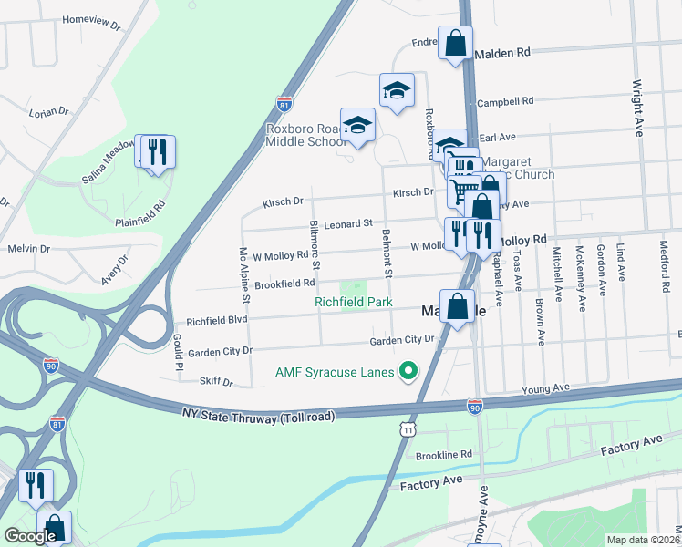 map of restaurants, bars, coffee shops, grocery stores, and more near 222 Brookfield Road in Syracuse