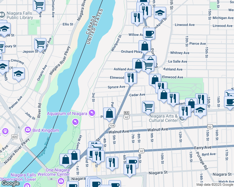 map of restaurants, bars, coffee shops, grocery stores, and more near 516 Cedar Avenue in Niagara Falls