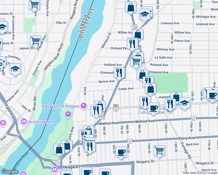 map of restaurants, bars, coffee shops, grocery stores, and more near 522 Cedar Ave in Niagara Falls
