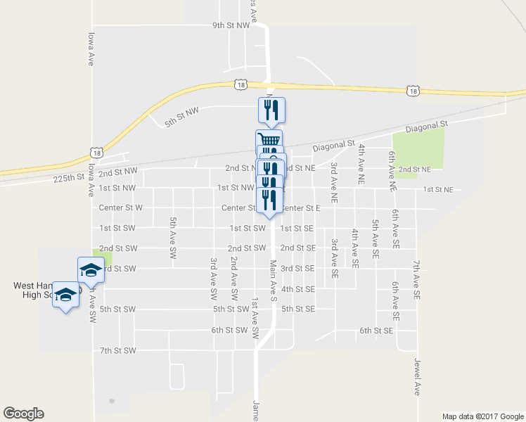 map of restaurants, bars, coffee shops, grocery stores, and more near 49 Center Street West in Britt