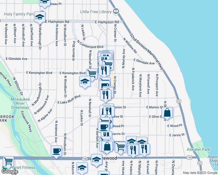 map of restaurants, bars, coffee shops, grocery stores, and more near 4442 North Oakland Avenue in Milwaukee