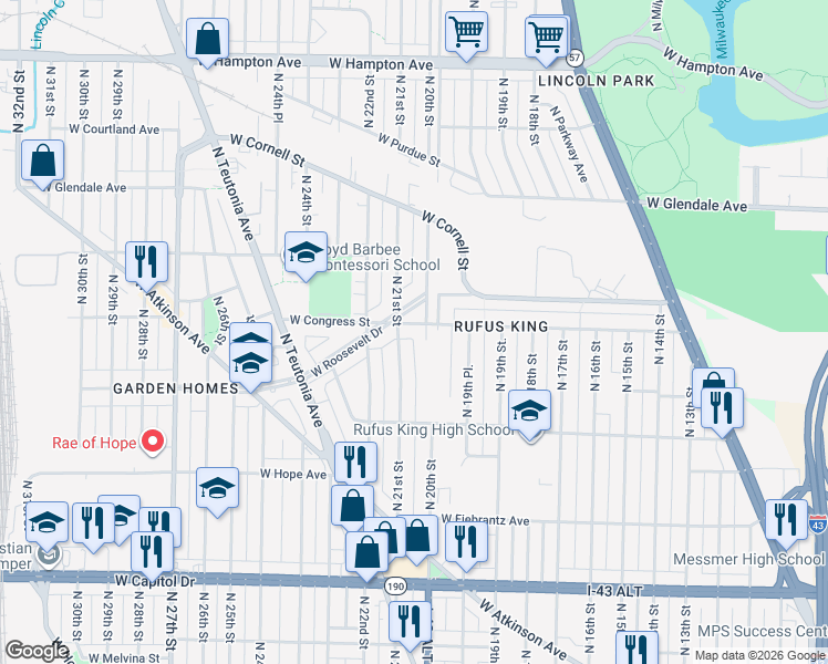 map of restaurants, bars, coffee shops, grocery stores, and more near 2023 West Congress Street in Milwaukee