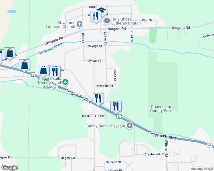 map of restaurants, bars, coffee shops, grocery stores, and more near 6799 Luther Street in Niagara Falls