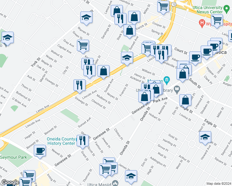 map of restaurants, bars, coffee shops, grocery stores, and more near 711 Tracy Street in Utica