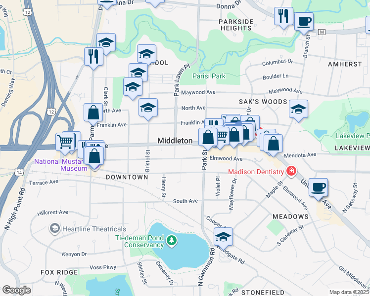 map of restaurants, bars, coffee shops, grocery stores, and more near 7107 University Avenue in Middleton