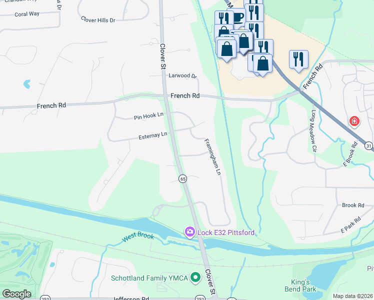 map of restaurants, bars, coffee shops, grocery stores, and more near 2704 Clover Street in Pittsford