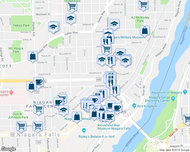 map of restaurants, bars, coffee shops, grocery stores, and more near 5363 Second Avenue in Niagara Falls