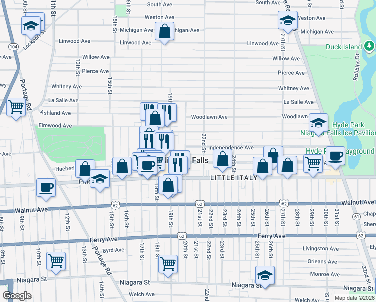 map of restaurants, bars, coffee shops, grocery stores, and more near 2001 Independence Avenue in Niagara Falls